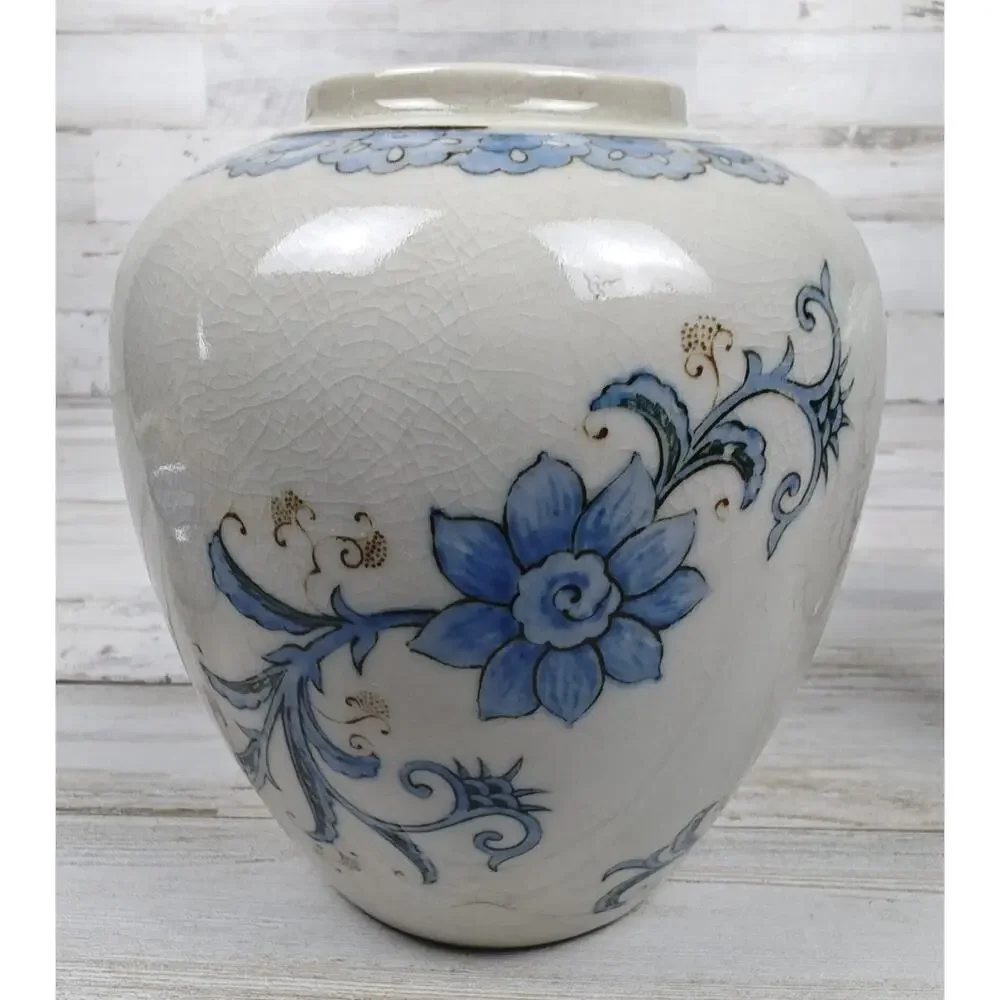 Andrea by Sadek Blue Floral Ginger Jar Vases Pair Japan White Porcelain No Lids